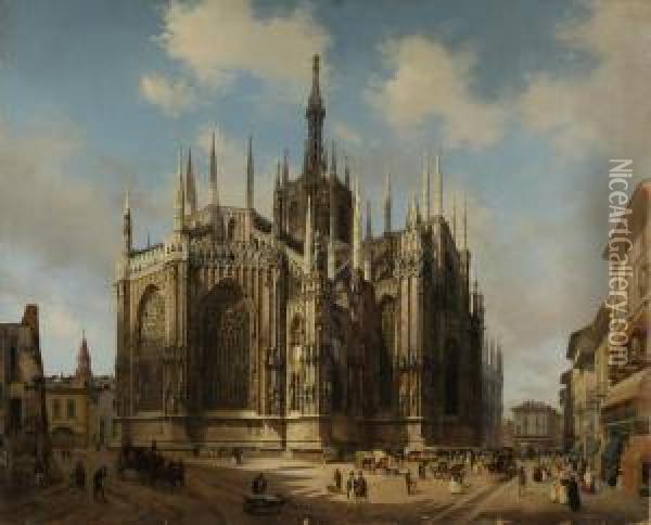 Veduta Dell'abside Del Duomo Dalla Corsia Dei Servi Oil Painting - Luigi (Ludwig Osipovich) Premazzi