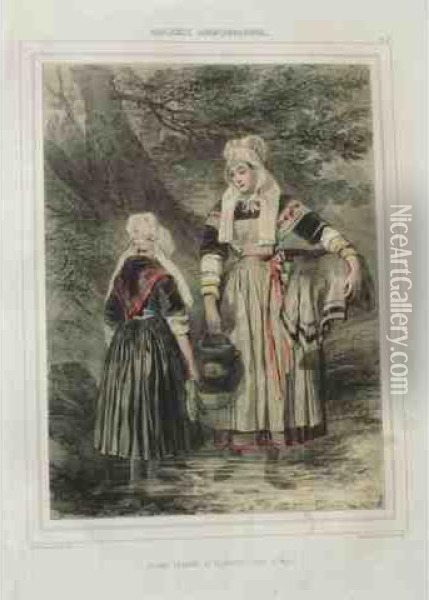 Jeunes Femmes De Plaintel, Cotes D'armor Oil Painting - Francois-Hippolyte Lalaisse