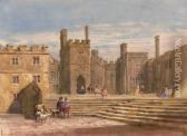 Figures In Historical Costume Before Haddon Hall, Derbyshire Oil Painting - David I Cox