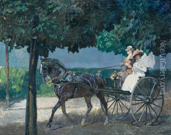 Elegantes Paar In Einspannigem Cabriolet Bei Der Ausfahrt Auf Einer Schattigen Chaussee Oil Painting - Hermann Junker the Younger