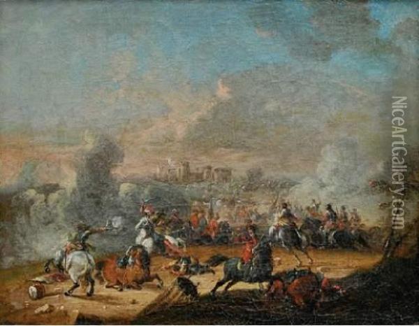 Combat De Cavalerie En Avant D'un Port Oil Painting - Carl Breydel