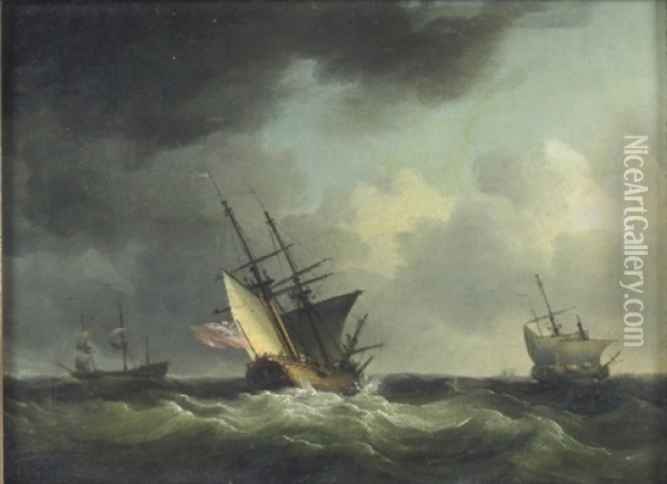 A Show And Other Merchant Shipping In A Strong Breeze After A Gale Oil Painting - Charles Brooking