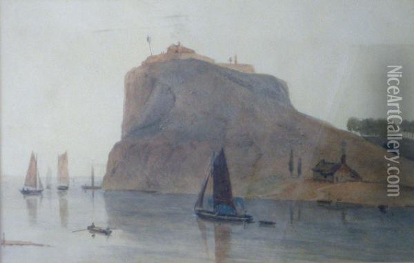 Fishing Boats Passing A Bluff Oil Painting - Thomas Daniell