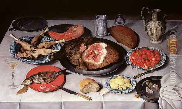 Breakfast piece with a fish ham and cherries Oil Painting - Jacob van Hulsdonck