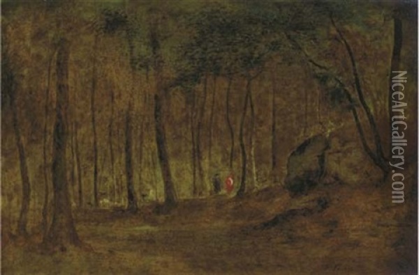 Figures In A Forest Interior Oil Painting - George Inness