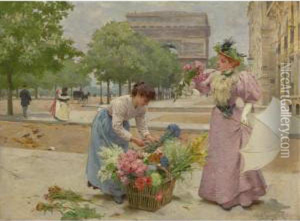 A Flower Seller On The Champs-elysees Oil Painting - Louis De Schryver