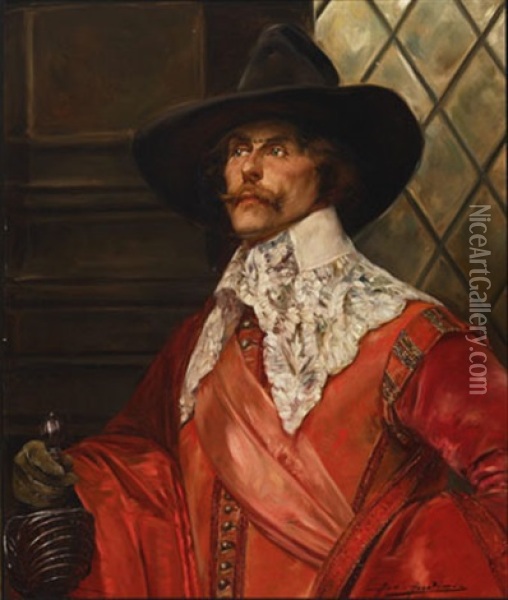 Cavalier In A Red Cloak Before A Leaded Window Oil Painting - Alex De Andreis