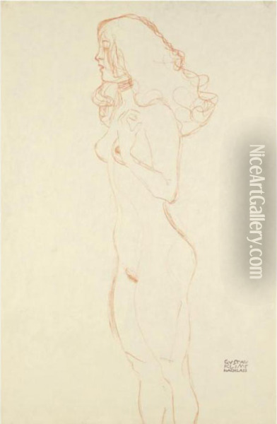 (standing Female Nude With Long Hair, Necklace, Her Left Hand On The Shoulder) Oil Painting - Gustav Klimt