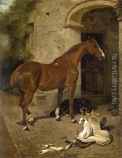 A Bay Hunter With A Collie And A Jack Russell Outside A Stable Oil Painting - John Emms