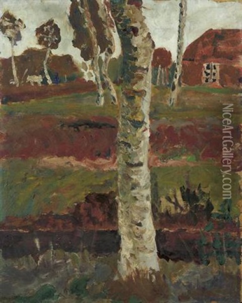 Birkenstamm Am Moorgraben Vor Landschaft Mit Haus Oil Painting - Paula Modersohn-Becker