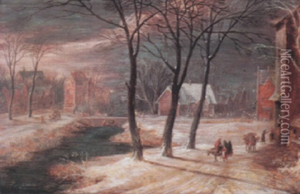 A Village Winter Landscape With Travellers Oil Painting - Samuel Bernard