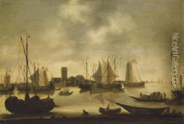 Shipping In An Estuary, By A Walled Town Oil Painting - Hendrick Dubbels