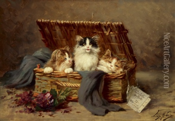 Drei Junge Katzen In Einem Bastkorb Oil Painting - Leon Charles Huber