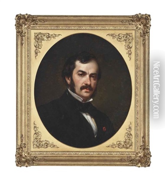 Portrait Of A Gentleman, Bust-length, In A Bow Tie Oil Painting - Emile-Charles Labbe