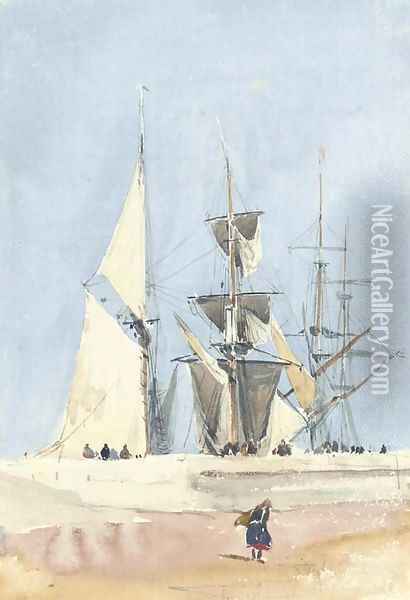 Sailing vessels preparing for sea, Dieppe, France Oil Painting - David Cox