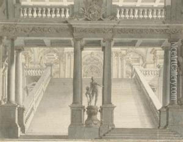 The Interior Of A Palace With An Elaborate Staircase Oil Painting - Vincenzo Mazzi