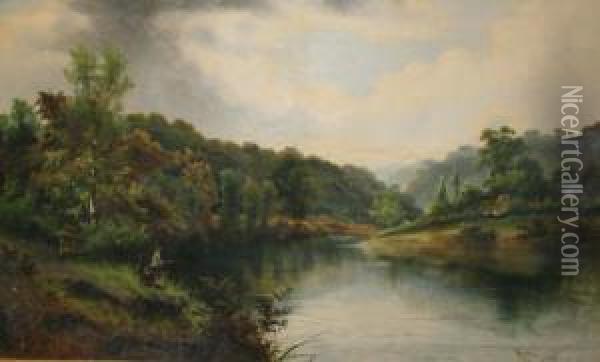 Extensive Riverlandscape With Figures Fishing, A Rustic Cottage Beyond Oil Painting - George Willoughby Maynard