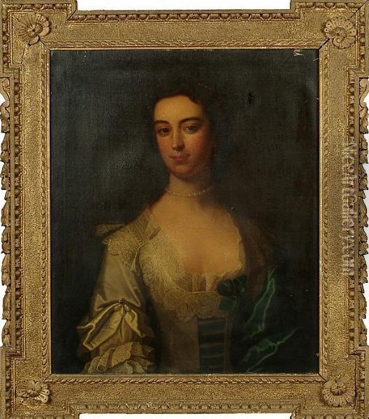 Portrait Of A Young Lady, Bust-length, In A White Dress With Lace Trim And A Blue Shawl Oil Painting - Thomas Hudson