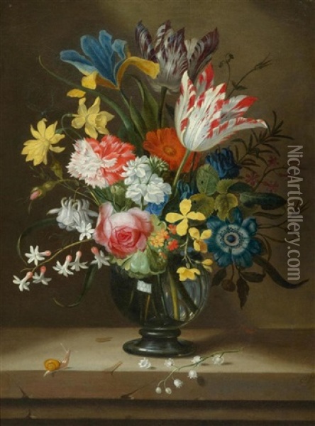 A Flower Bouquet In A Glass Vase, On A Stone Plinth, With A Small Snail Oil Painting - Jacob Marrel