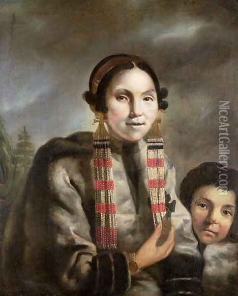 Portrait of Micoc and her Son Tootac, c.1769 Oil Painting - John Russell
