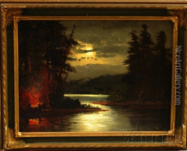 Campfire By A Moonlit Lake Oil Painting - John Englehart