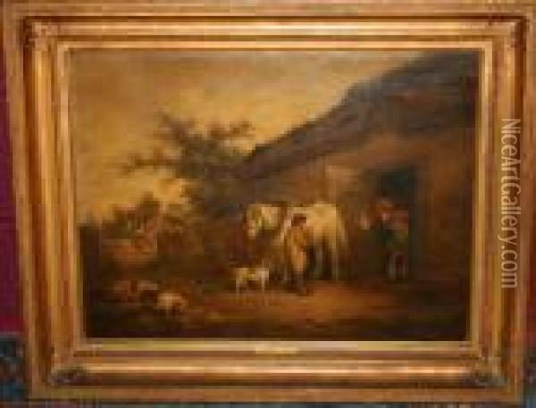 Figure And Horse In Harness With A Dog And Pigs Oil Painting - George Morland