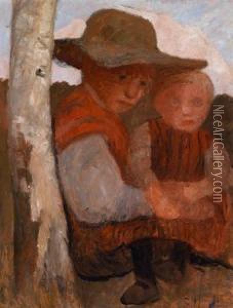 Sitzendes Madchenmit Strohhut Und Kind Auf Dem Schos Oil Painting - Paula Modersohn-Becker