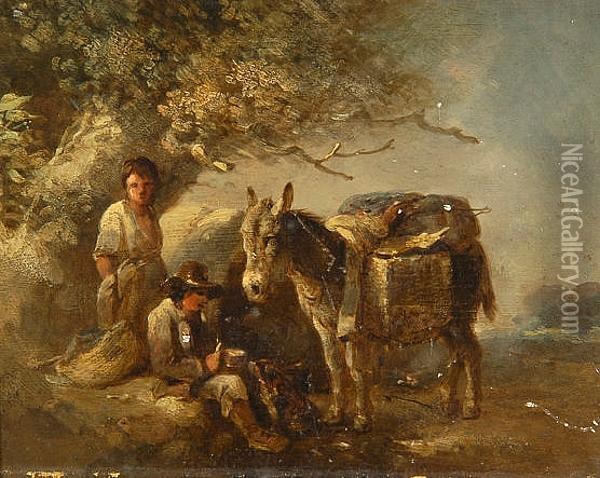 Donkey And Travellers Resting Oil Painting - George Morland