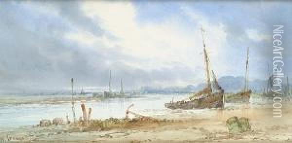 Fishing Vessels Moored On The Beach Oil Painting - William Stewart