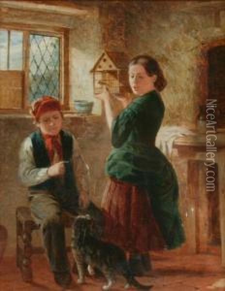 Children In An Interior With Cat Oil Painting - William Hemsley