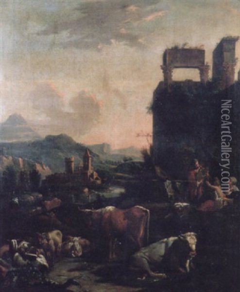 An Evening Italianate Landscape With A Shepherd And His Family Amid Livestock Beside Roman Ruins Oil Painting - Johann Heinrich Roos