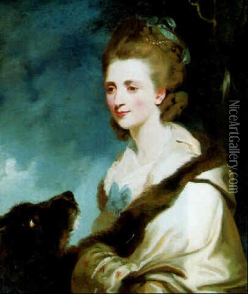 Portrait Of Mrs. George Huddesford, Seated With Her Dog Before A Landscape Oil Painting - William Doughty