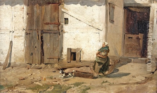 With The Dog In Front Of The Barn Oil Painting - Gregor von Bochmann the Elder