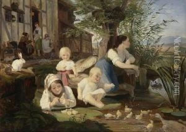 Kinder Am Ententeich Oil Painting - Carl Engel Von Der Rabenau