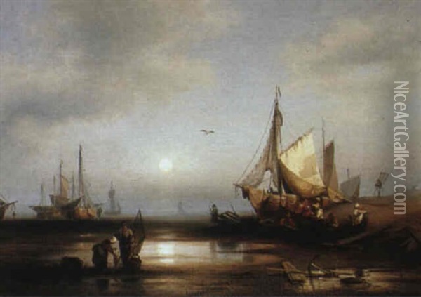 Fishermen At Dawn Oil Painting - Hermann Herzog