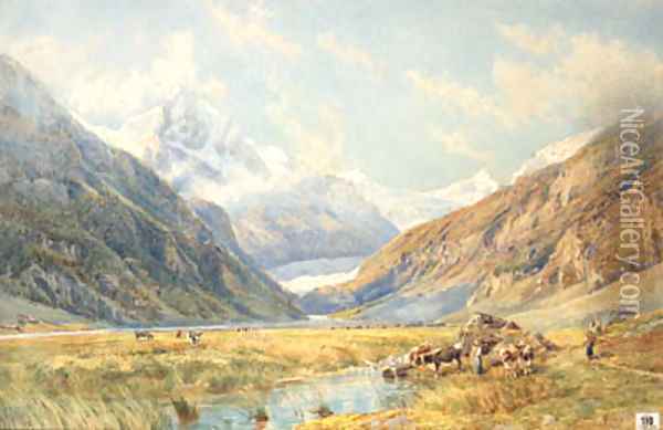 Figures and Cattle in an Alpine Meadow, Zinal Oil Painting - Charles Jones Way