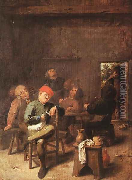 Peasants Smoking and Drinking c. 1635 Oil Painting - Adriaen Brouwer