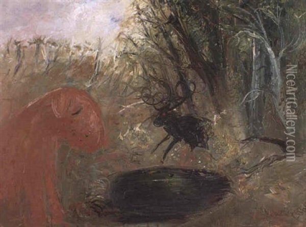 Red Dog And Ram By Black Pool Oil Painting - Arthur Merric Boyd
