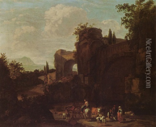 A Classical Landscape With Shepherds And Their Herd Near Ruins Oil Painting - Johannes van der Bent
