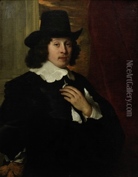Portrait Of A Gentleman, Three-quarter-length, In A Black Tunic With A Lace Collar Oil Painting - Jacob Adriaensz de Backer