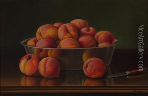 Still Life With Peaches In A Silver Bowl Oil Painting - Levi Wells Prentice