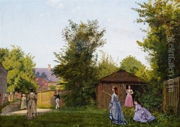 Summer Day In The Garden With Youngsters Playing Oil Painting - Vilhelm Peter Karl Kyhn