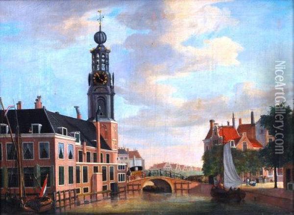 With Figures And Carriageon A Bridge Over The Canal, Oil On Canvas, Signed And Dated Lowerleft 1787, 55 X 76cm Oil Painting - Jan the Younger Ekels