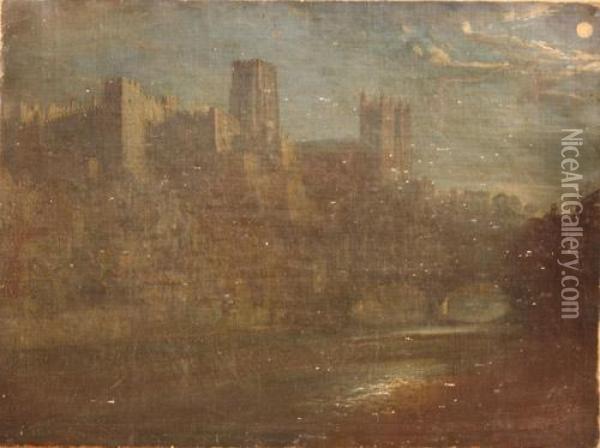 Moonlit View Of Durham Cathedral From The River Oil Painting - Henry Pether