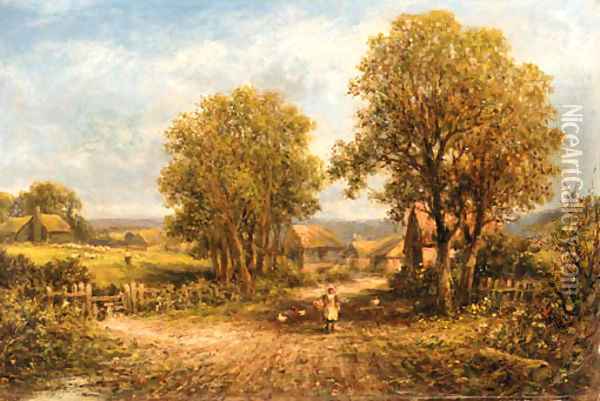 Feeding the chickens on a village path Oil Painting - George Vicat Cole