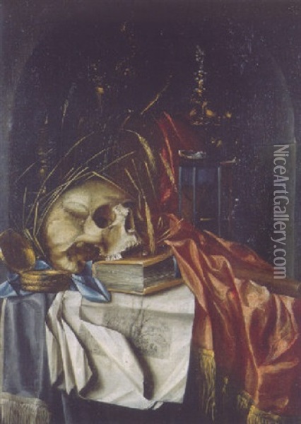 A Vanitas Still Life With A Skull Resting On A Book And Engravings, An Hourglass And Other Objects On A Red Silk Cloth In A Draped Niche Oil Painting - Franciscus Gysbrechts