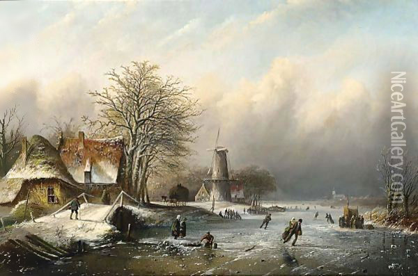 A Winter Landscape With Figures On The Ice Oil Painting - Jan Jacob Coenraad Spohler