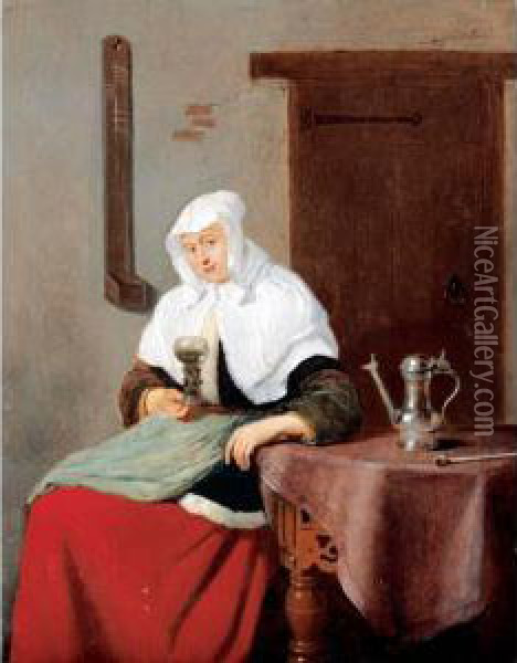 A Woman Seated At An Inn Table Holding A Roemer Oil Painting - Quiringh Gerritsz. van Brekelenkam