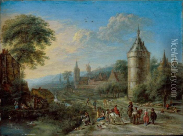 Village Scene With Cavaliers And
 Elegant Figures Conversing In The Foreground A 
Hunter Shooting Duck On A Pond Oil Painting - Gillis Neyts