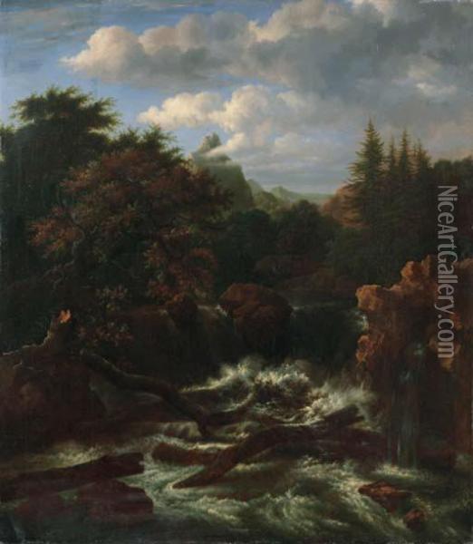 A Traveller On A Rock By A Waterfall In A Wooded Landscape Oil Painting - Jacob Van Ruisdael